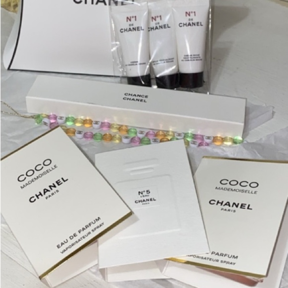 CHANEL Pastel Beaded Phone Charm with Trio Skincare Set